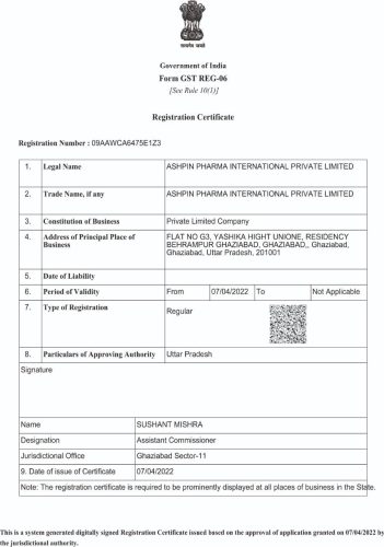 Ashpin Pharma GST Certificate